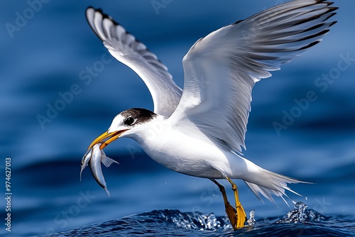 A graceful tern plucking a fish from the surface of the ocean, wings spread wide against the horizon photo