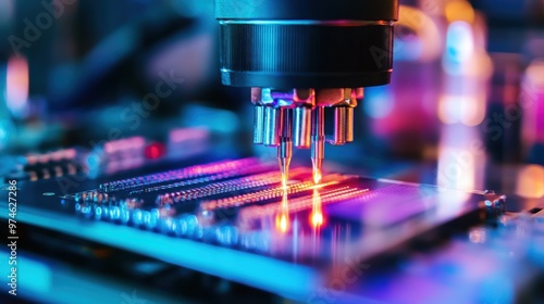 A high-tech laser engraver performs precision work on an electronic circuit board in a modern manufacturing environment. photo