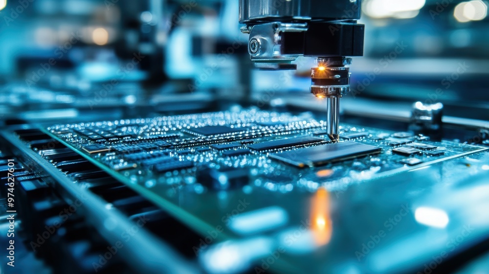 A high-tech laser engraver performs precision work on an electronic circuit board in a modern manufacturing environment. A high-tech laser engraver performs precision work on an electronic circuit board in a modern manufacturing environment.