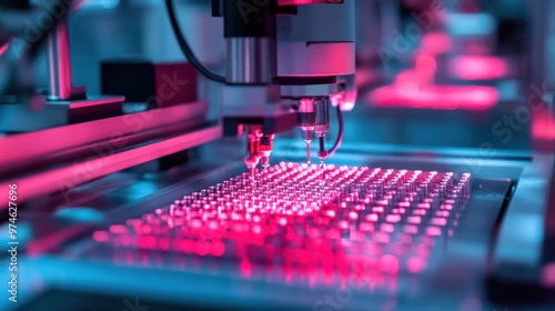 A high-tech laser engraver performs precision work on an electronic circuit board in a modern manufacturing environment. photo