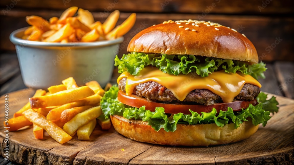 Savory, golden-brown fries and juicy burger patty on a toasted bun, surrounded by crispy lettuce, sliced cheese, and a dollop of creamy condiment. Savory, golden-brown fries and juicy burger patty on a toasted bun, surrounded by crispy lettuce, sliced cheese, and a dollop of creamy condiment.