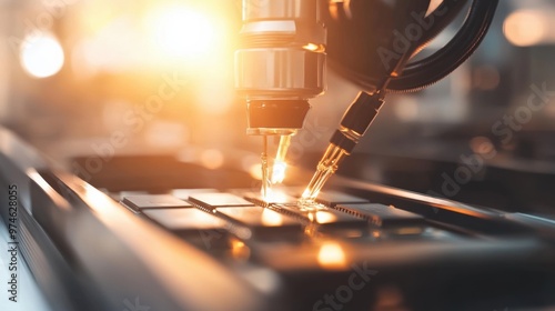 A close-up of an automated machine operating on a microchip in a modern factory, with warm lighting reflecting off the equipment. photo