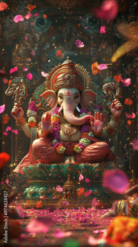 Lord Ganesha in the center of a grand celebration, with vibrant colors, flying flower petals