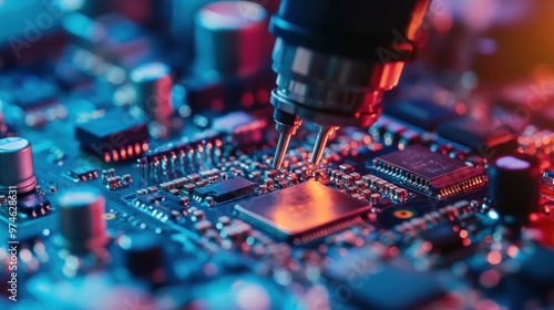 A high-tech laser engraver performs precision work on an electronic circuit board in a modern manufacturing environment. photo