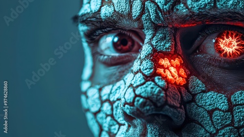 A closeup of a face covered in hives, eyes filled with fear, the immune system s overreaction depicted with dramatic lighting and shadows photo