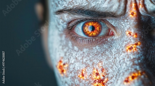 A closeup of a face covered in hives, eyes filled with fear, the immune system s overreaction depicted with dramatic lighting and shadows photo