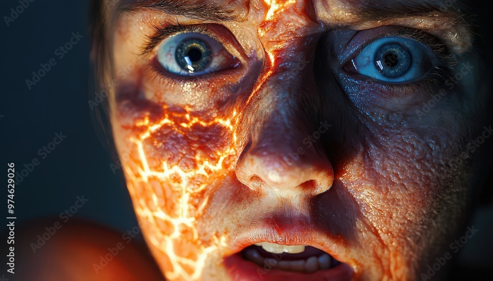 A closeup of a swollen, rash covered face, eyes wide with fear as the person experiences anaphylaxis, the lighting emphasizing the gravity of the situation A closeup of a swollen, rash covered face, eyes wide with fear as the person experiences anaphylaxis, the lighting emphasizing the gravity of the situation