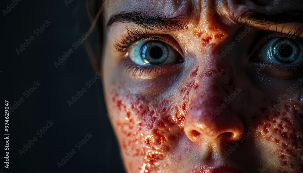 A closeup of a swollen, rash covered face, eyes wide with fear as the person experiences anaphylaxis, the lighting emphasizing the gravity of the situation A closeup of a swollen, rash covered face, eyes wide with fear as the person experiences anaphylaxis, the lighting emphasizing the gravity of the situation