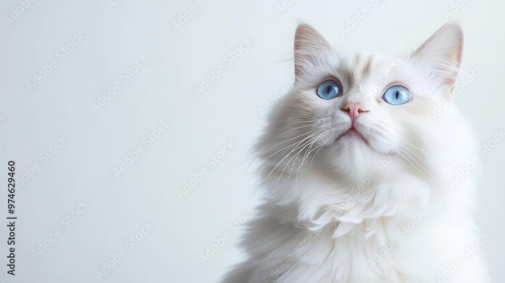 adorable fluffy white cat with expressive blue eyes and a mischievous grin posed playfully against a crisp white background exuding feline charm and personality