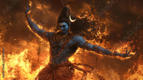 Shiva dancing the Tandava, surrounded by flames, with a blue neck and a crescent moon on his forehead