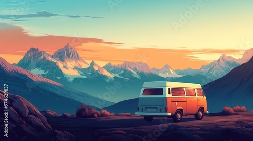 adventure van journey retro camper van driving through majestic mountain landscape wanderlustinspiring scene with a sense of freedom and exploration