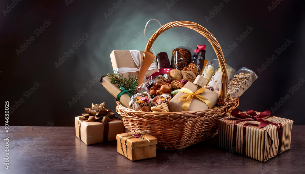 A variety of elegantly wrapped gift baskets filled with gourmet treats, perfect for holiday A variety of elegantly wrapped gift baskets filled with gourmet treats, perfect for holiday