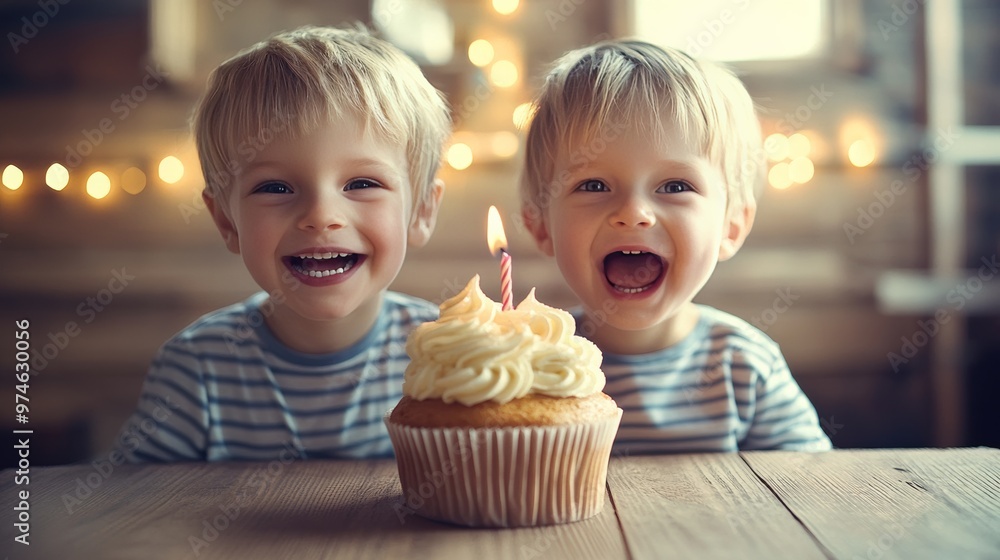 happiness face of children and cute cup cake with candle in front of her happiness face of children and cute cup cake with candle in front of her