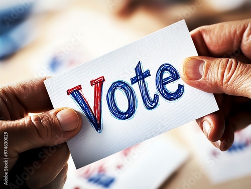 A close-up of hands holding a card with the word 'Vote' prominently displayed, symbolizing civic engagement and participation.