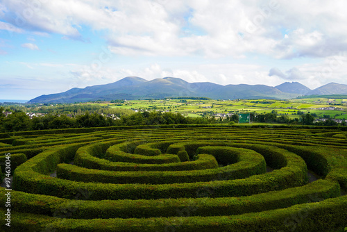 The Peace Maze in Castlewellan, Northern Ireland with The Mourne Mountains in the background