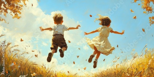 Two siblings holding hands running through an open meadow with kites soaring above