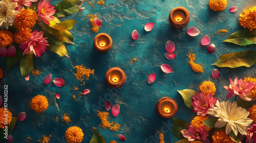 top view of traditional oil lamps with marigold flower and rose petals. diwali concept photo