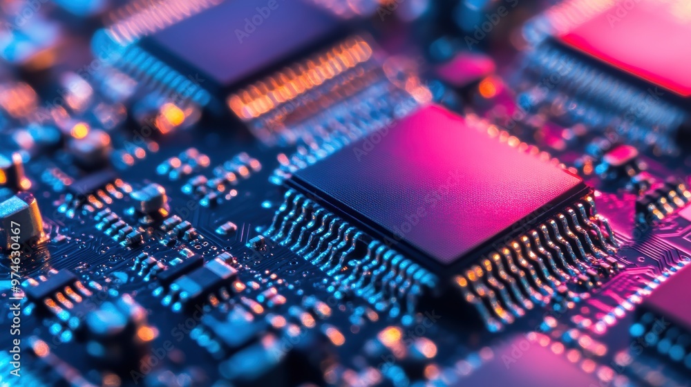 Detailed view of multiple microchips mounted on a circuit board, illuminated by vibrant lighting, showcasing modern electronics and technology.
Detailed view of multiple microchips mounted on a circuit board, illuminated by vibrant lighting, showcasing modern electronics and technology.