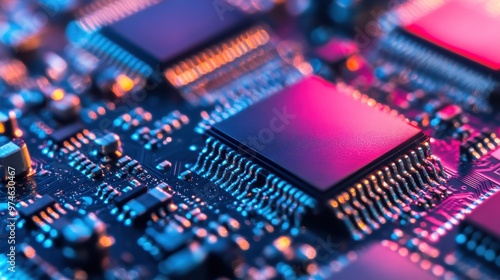 Detailed view of multiple microchips mounted on a circuit board, illuminated by vibrant lighting, showcasing modern electronics and technology. 