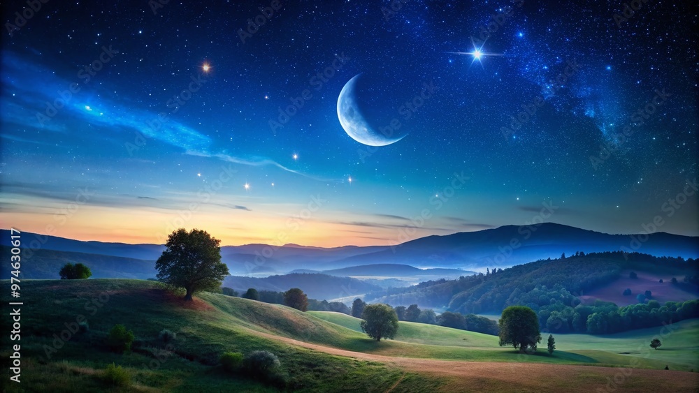 Serene crescent moon glows softly in a dark blue sky, surrounded by a few scattered stars, above a tranquil landscape of rolling hills and trees. Serene crescent moon glows softly in a dark blue sky, surrounded by a few scattered stars, above a tranquil landscape of rolling hills and trees.