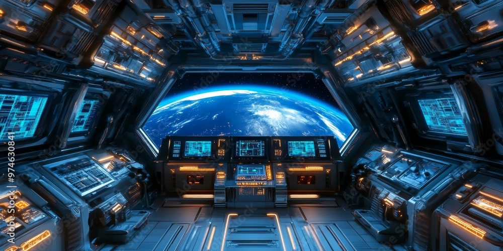 A hyper-realistic spaceship panel made of metal, with a top squared panoramic view of space, featuring neon blue and purple details A hyper-realistic spaceship panel made of metal, with a top squared panoramic view of space, featuring neon blue and purple details