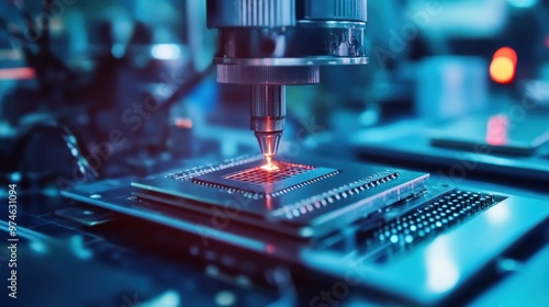 A close-up image of a laser etching process on a microchip circuit board, highlighting the precision and intricacy of modern electronics manufacturing.