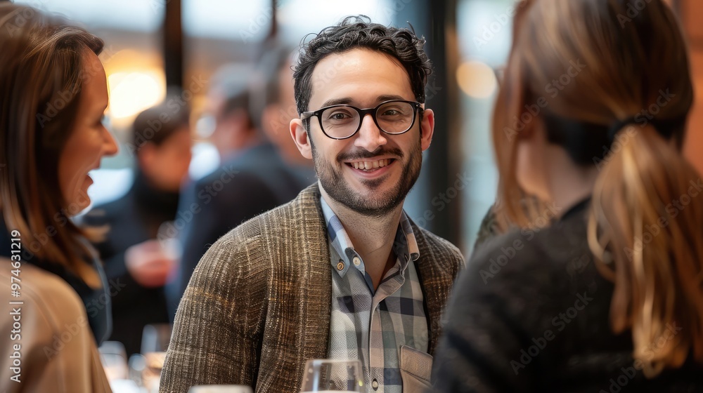A marketer networking with potential B2B clients at an event. A marketer networking with potential B2B clients at an event.