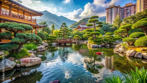 Serene Japanese garden in Monaco's lush landscape, featuring tranquil koi pond, bonsai trees, and intricately raked gravel, exuding harmony and Eastern elegance amidst Mediterranean scenery.