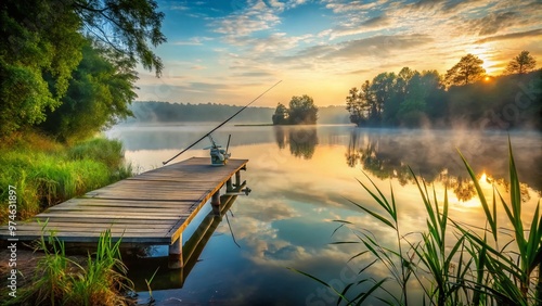 Serene lake scene at dawn with misty fog, fishing rod leaning against a weathered wooden dock, surrounded by verdant foliage and calm water reflections. photo