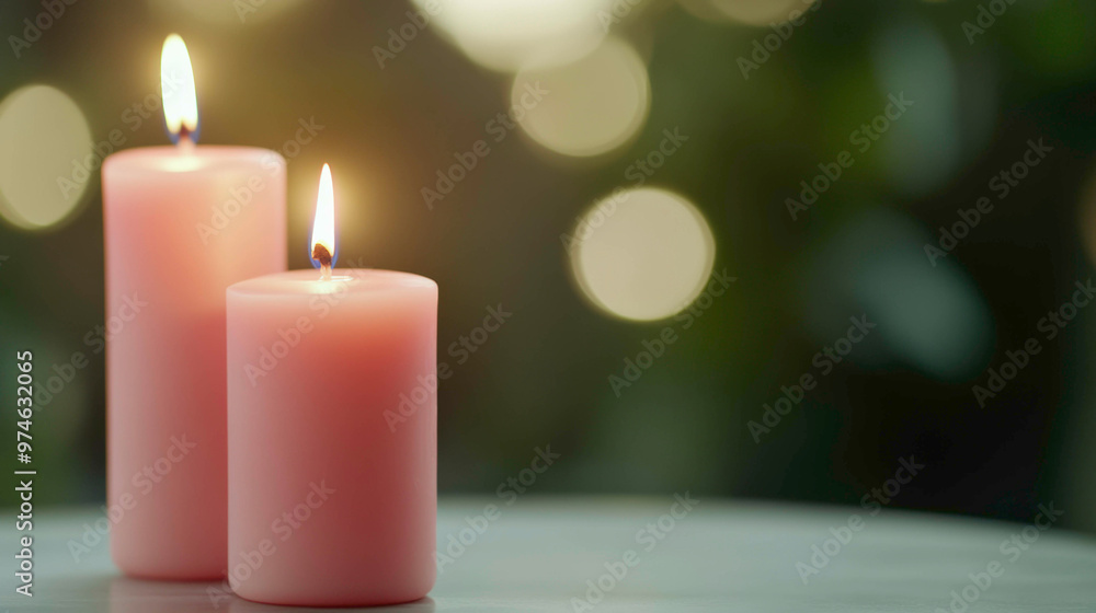Two pink candles gently lit, emitting a soft, warm glow in a peaceful, tranquil setting, perfect for meditation, reflection, or creating a calming ambiance in a serene atmosphere. Two pink candles gently lit, emitting a soft, warm glow in a peaceful, tranquil setting, perfect for meditation, reflection, or creating a calming ambiance in a serene atmosphere.