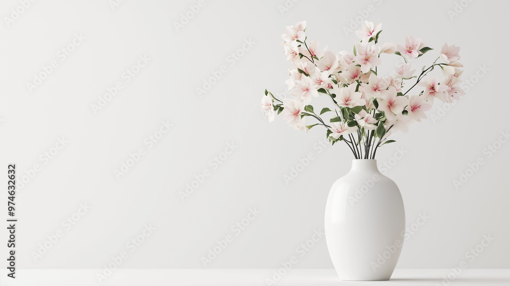 Classic White Ceramic Vase with Delicate Floral Arrangement on White Backdrop Classic White Ceramic Vase with Delicate Floral Arrangement on White Backdrop