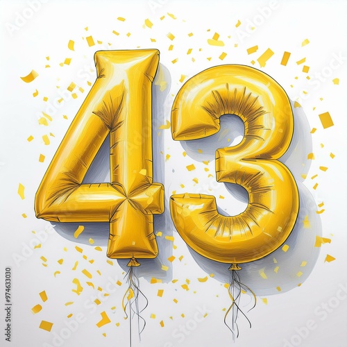 Yellow birthday / anniversary balloon, number 43, white background with confetti photo