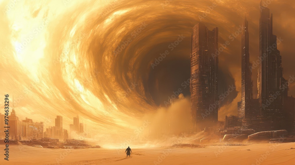 Obraz premium apocalyptic sandstorm engulfing futuristic city massive swirling sand clouds glimpses of towering structures warm orange tones with cool blue accents