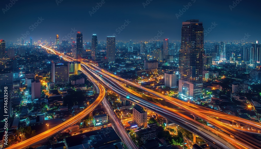 Top View Of Expressway Showing Road Traffic As Vital Infrastructure In Bangkok, Thailand During A Night Scene. Top View Of Expressway Showing Road Traffic As Vital Infrastructure In Bangkok, Thailand During A Night Scene.