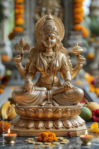 A beautiful Hindu goddess laxmi sitting on a lotus flower photo