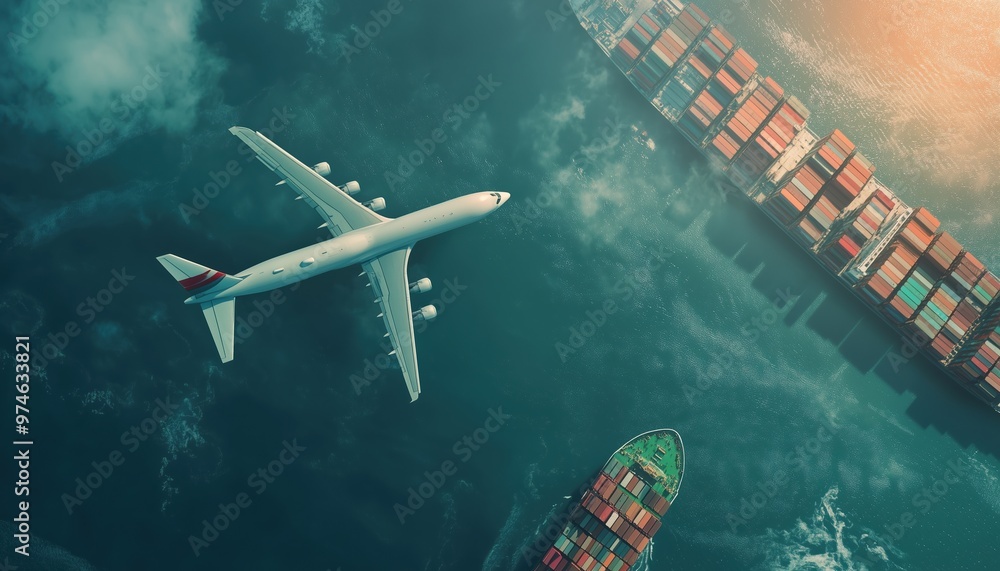 Obraz premium Cargo Plane Flying Over Ship Port Covering World Map Import-Export, Network Logistics Partnership Connecting Busiest Container Ports With Container Ships Loading And Unloading In Background.