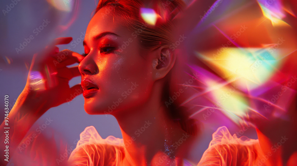 Naklejka premium Young woman with glamorous makeup posing against a colorful backdrop adorned with soft light reflections