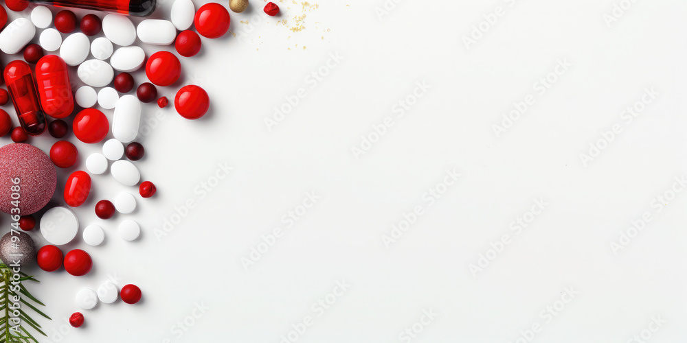 Christmas medical background with pills forming a frame with copy space, a design surrounding by fir branches and christmas decoration. Banner.Flat lay, top view. Copy space. Mock up. Christmas medical background with pills forming a frame with copy space, a design surrounding by fir branches and christmas decoration. Banner.Flat lay, top view. Copy space. Mock up.