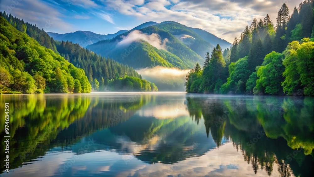 Serene morning landscape of Lake Ritsa, Georgia, surrounded by lush green mountains, with misty fog rolling in, reflections of trees mirrored on calm waters. Serene morning landscape of Lake Ritsa, Georgia, surrounded by lush green mountains, with misty fog rolling in, reflections of trees mirrored on calm waters.