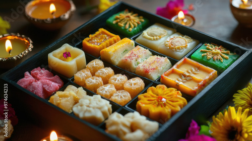 sweets box consists of Indian sweets. Assorted Diwali Sweets Gift Box. photo