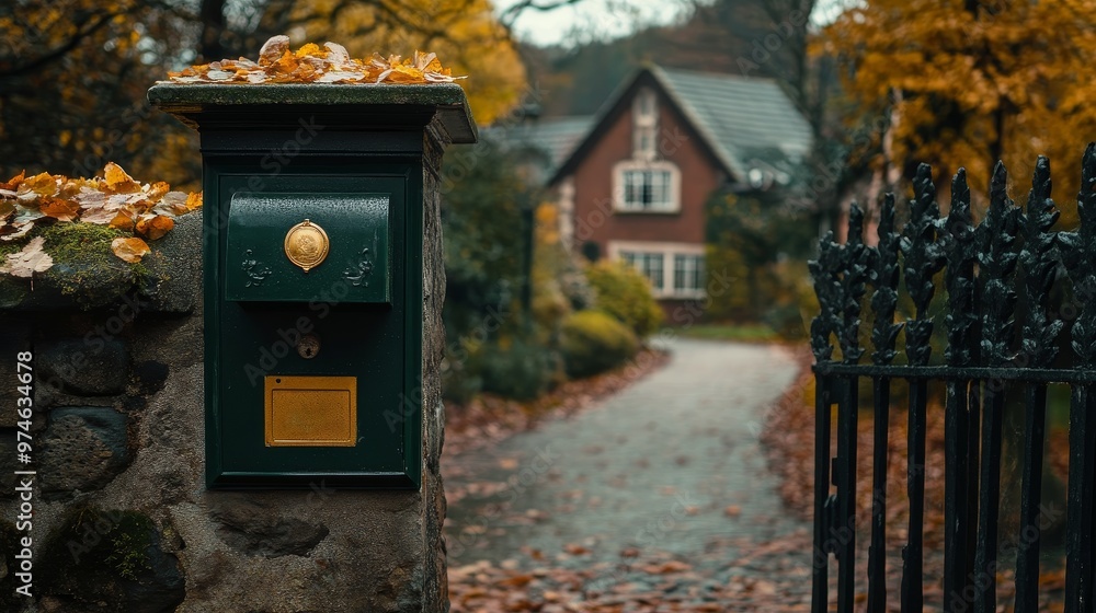 A charming pathway leads to a cozy house, framed by autumn leaves and a decorative mailbox. A charming pathway leads to a cozy house, framed by autumn leaves and a decorative mailbox.