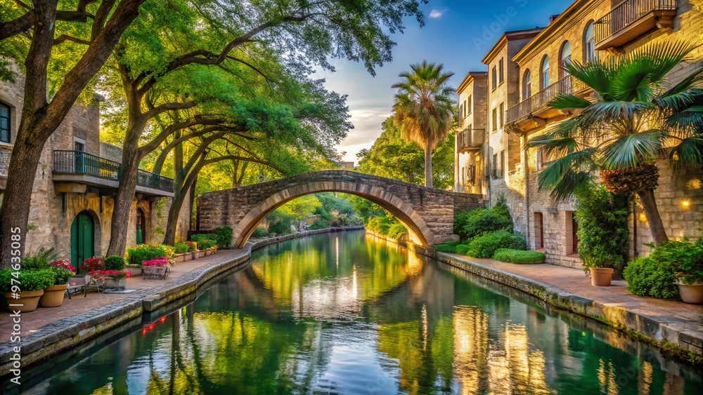 Serene morning scene of the tranquil San Antonio River flowing beneath lush greenery-lined walkways and historic stone bridges in the heart of the city. Serene morning scene of the tranquil San Antonio River flowing beneath lush greenery-lined walkways and historic stone bridges in the heart of the city.