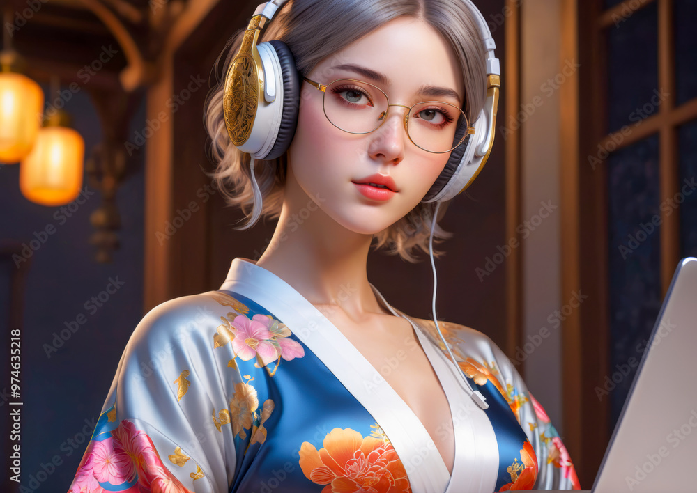 Fototapeta premium Woman in Kimono with Headphones and Laptop.