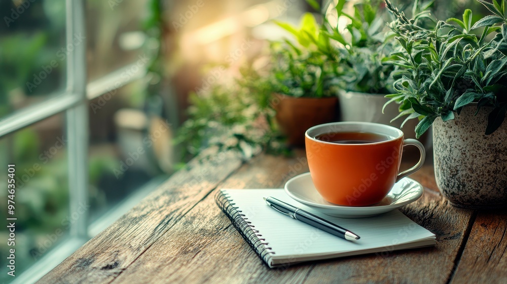 A cozy scene with a cup of tea, a notebook, and plants, inviting relaxation and creativity. A cozy scene with a cup of tea, a notebook, and plants, inviting relaxation and creativity.