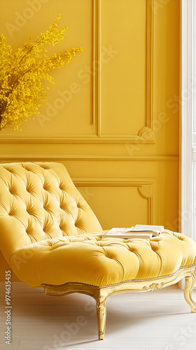 Elegant tufted velvet chaise lounge with gold accents, a luxurious statement piece on isolated pastel lemon yellow.