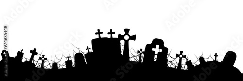Cemetery tombs and webs silhouettes. Vector isolated border. Decoration elements for halloween design.