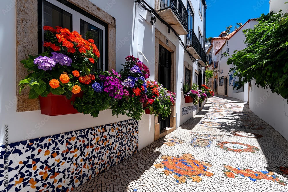 Naklejka premium A quiet corner in Lisbon’s Alfama, with colorful flowers hanging from window boxes and tiled walls