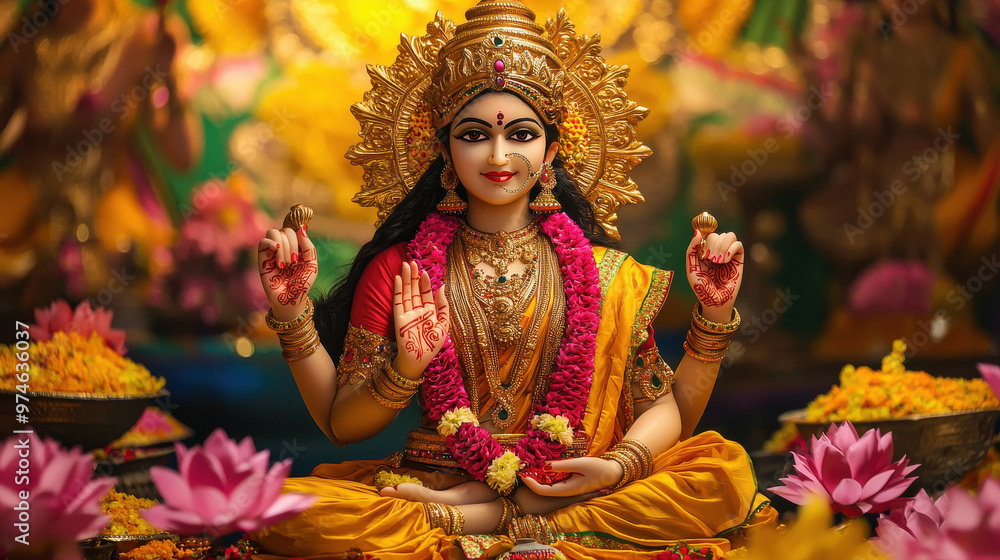A beautiful Hindu goddess laxmi sitting on a lotus flower