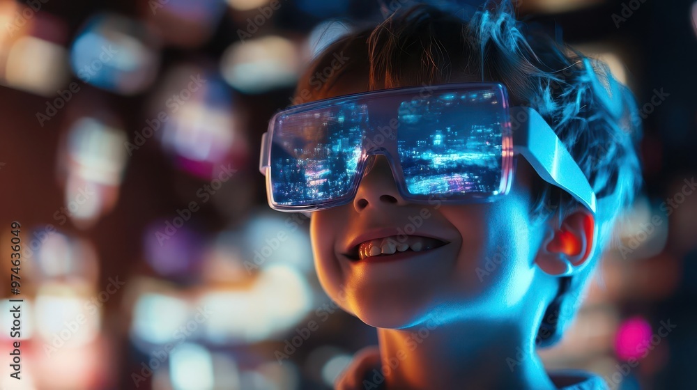 augmented reality portrait of a young boy where his oversized glasses act as screens displaying his imagination whimsical 3d animations spring to life around his smiling face augmented reality portrait of a young boy where his oversized glasses act as screens displaying his imagination whimsical 3d animations spring to life around his smiling face