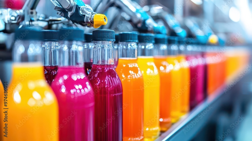 automated beverage production hightech bottling line with robotic arms and conveyor belts colorful fruit juices flow through transparent tubes in sterile factory setting automated beverage production hightech bottling line with robotic arms and conveyor belts colorful fruit juices flow through transparent tubes in sterile factory setting